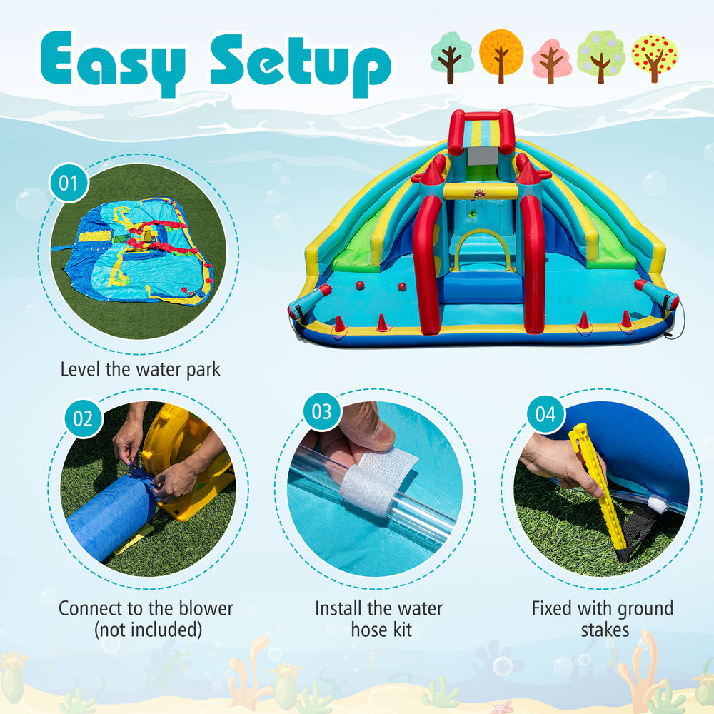 Inflatable double water slide park with obstacle course, featuring bright colors and easy setup for outdoor fun.