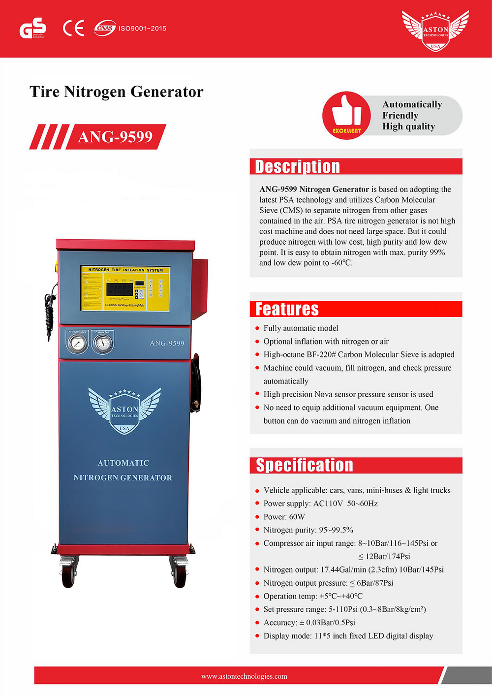 Aston Technologies ANG-9599 Tire Nitrogen Filling System 110V New