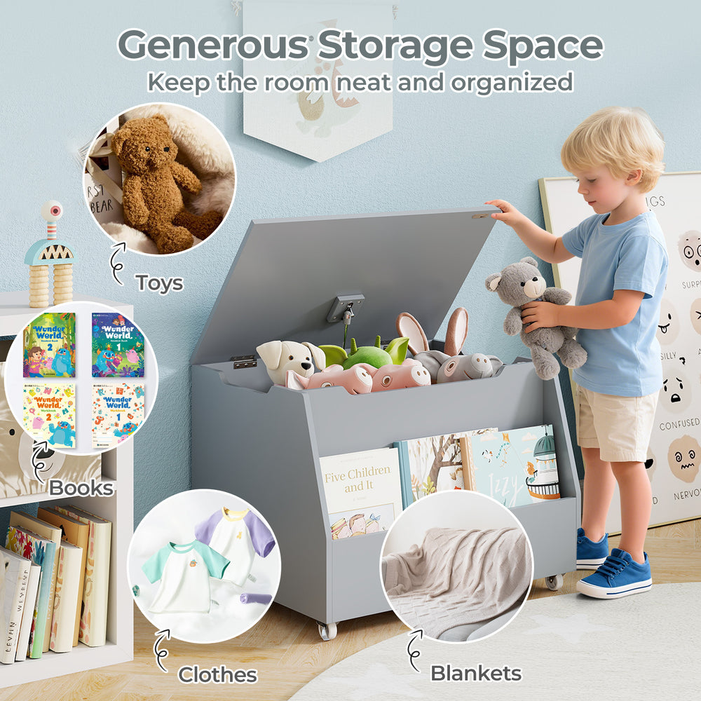 Wooden mobile toy storage organizer in gray with lockable wheels, ideal for toys, books, and clothes, keeping rooms.