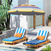 Colorful 6.5 feet beach umbrella with UPF50+ sun protection, tilted for shade, beside two lounge chairs by the pool.
