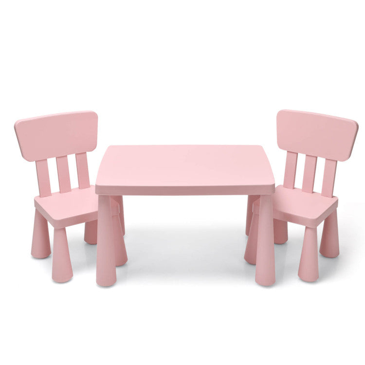Kids' pink gradient 3-piece activity table and chair set, perfect for reading and drawing in playrooms or bedrooms.