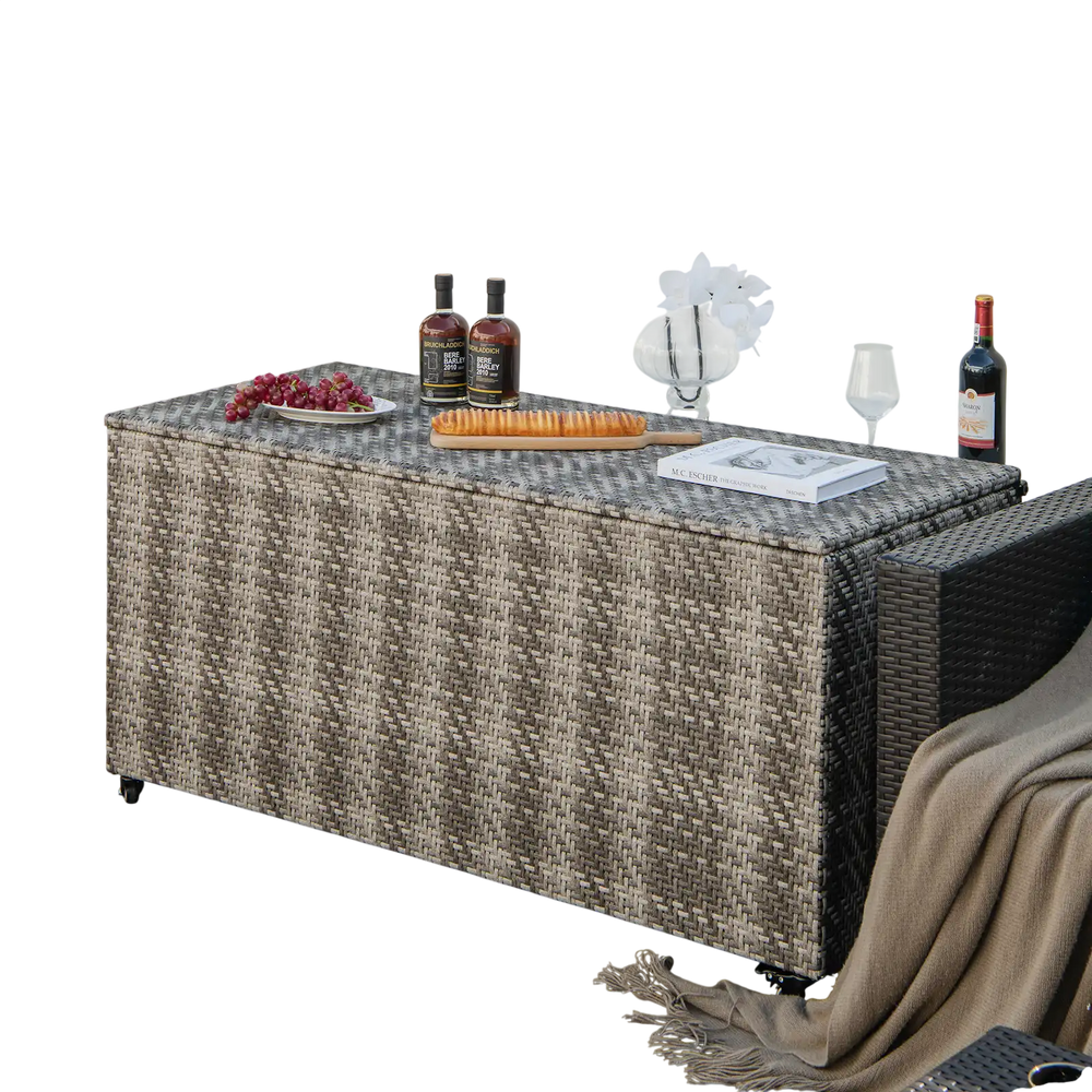 Gray PE wicker outdoor storage box with 96-gallon capacity and 4 wheels, ideal for cushions and versatile use.