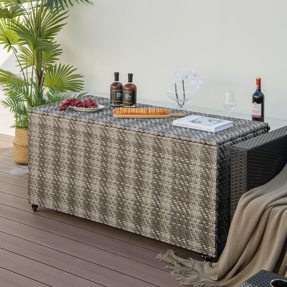 96 Gallon PE Wicker Outdoor Storage Box with 4 Wheels-Gray - Gallery View 1 of 10