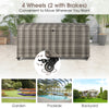 Gray 96-gallon PE wicker outdoor storage box with 4 wheels, ideal for garden or poolside use.