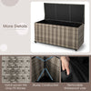 Gray PE wicker outdoor storage box with 96-gallon capacity, featuring wheels for easy mobility and waterproof liner.