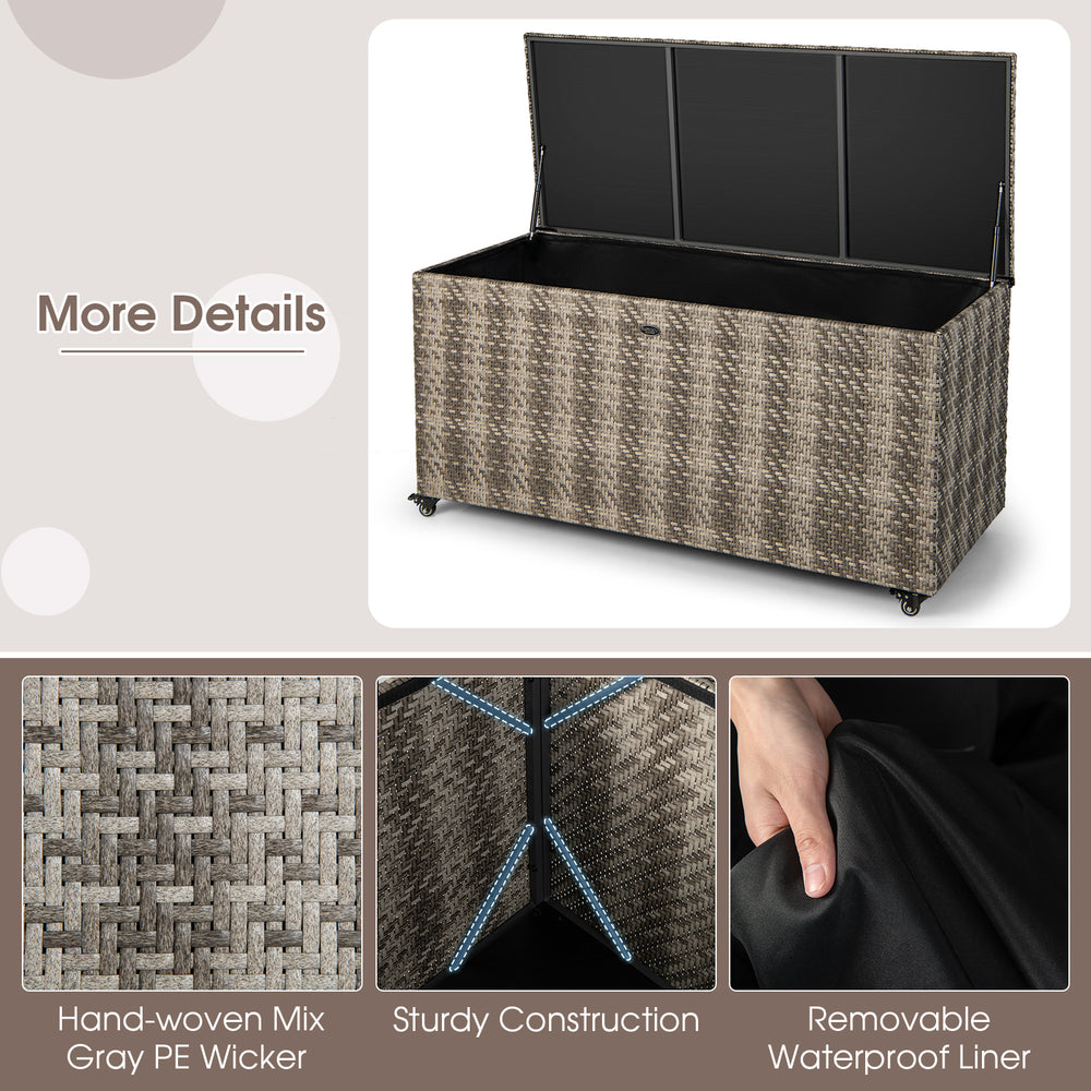 Gray PE wicker outdoor storage box with 96-gallon capacity, featuring wheels for easy mobility and waterproof liner.