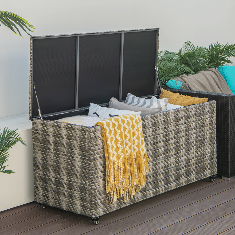 Gray PE wicker outdoor storage box with 96-gallon capacity, featuring 4 wheels and a hydraulic rod for easy access.