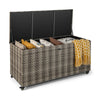 Gray 96-gallon PE wicker outdoor storage box with 4 wheels, ideal for storing cushions and blankets.