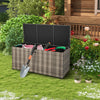 Gray PE wicker outdoor storage box with 96-gallon capacity and wheels, ideal for storing cushions and garden tools.
