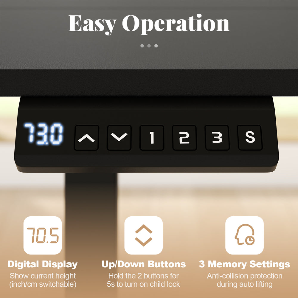 Digital control panel of the 48" x 24" ergonomic electric standing desk with 3 memory settings for home office use.