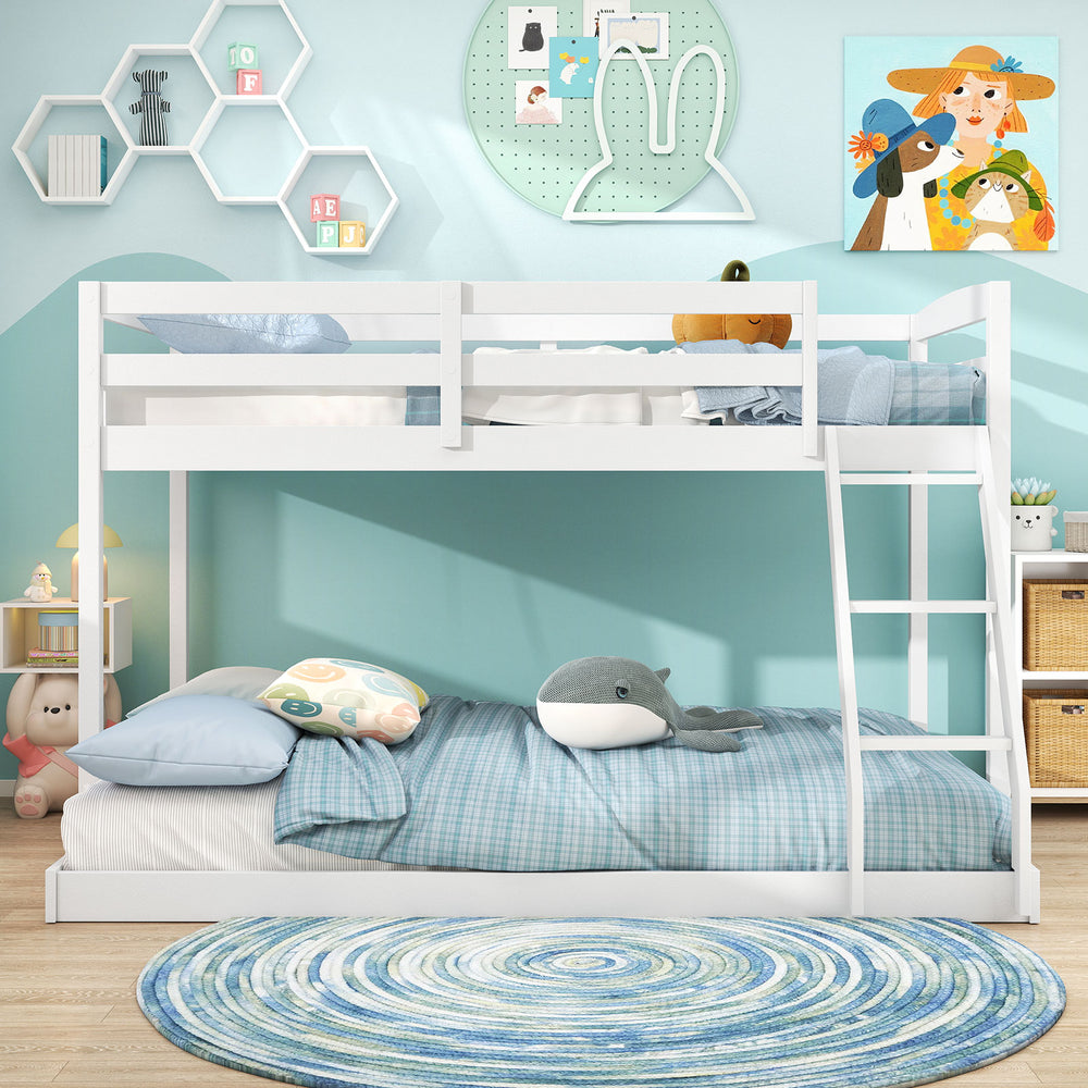Twin over full low floor bunk bed frame in white, featuring solid pine wood, guardrails, and integrated ladder for.
