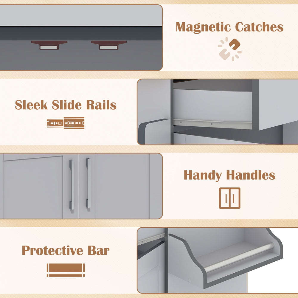 Detail view of the rolling kitchen island cart showcasing magnetic catches, sleek slide rails, and handy handles for.