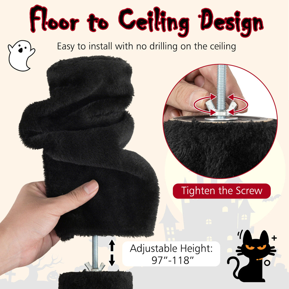 Adjustable floor-to-ceiling Gothic cat tree in black, featuring 5 tiers, condo, and sisal scratching posts for playful.
