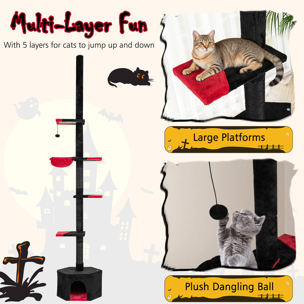 Gothic cat tree with adjustable height, five tiers, and a plush dangling ball for multi-layer fun and cozy lounging.