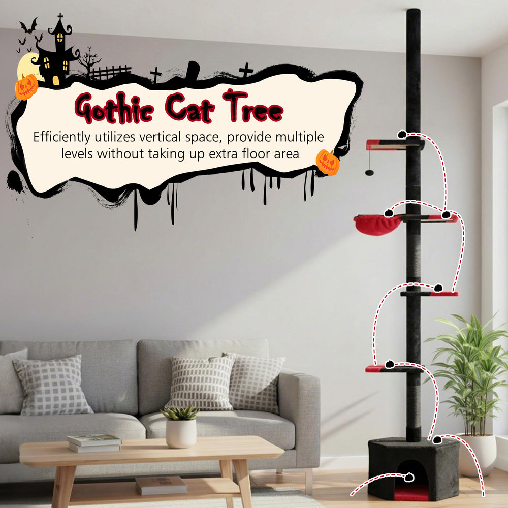 Gothic cat tree with adjustable height, 5 tiers, and cozy condo for playful lounging in jet-black and crimson design.