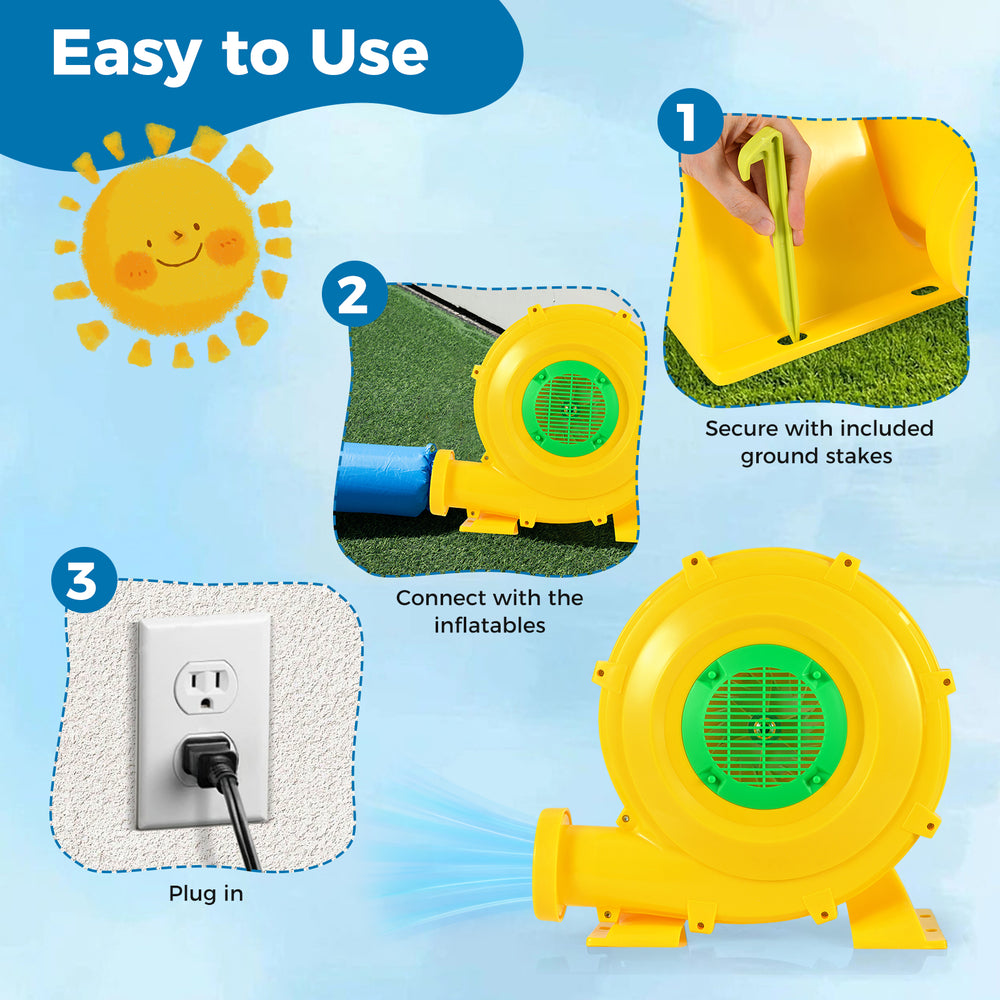 Portable 980W bounce house blower with handle, ground stakes, and easy setup for quick inflation of inflatables.