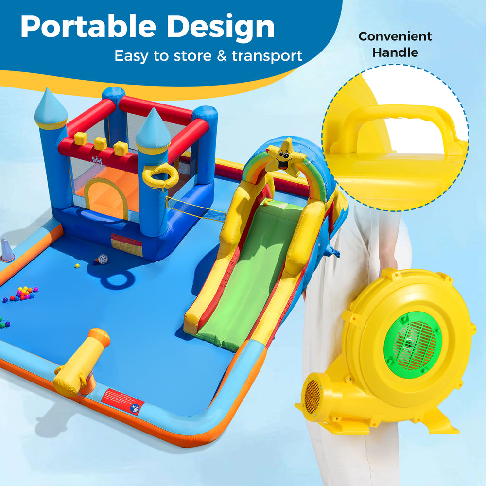 Portable 980W bounce house blower with handle, designed for quick inflation and secure operation with ground stakes.