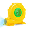 980W portable air pump fan in yellow with green accents, designed for quick inflation of bounce houses and inflatables.