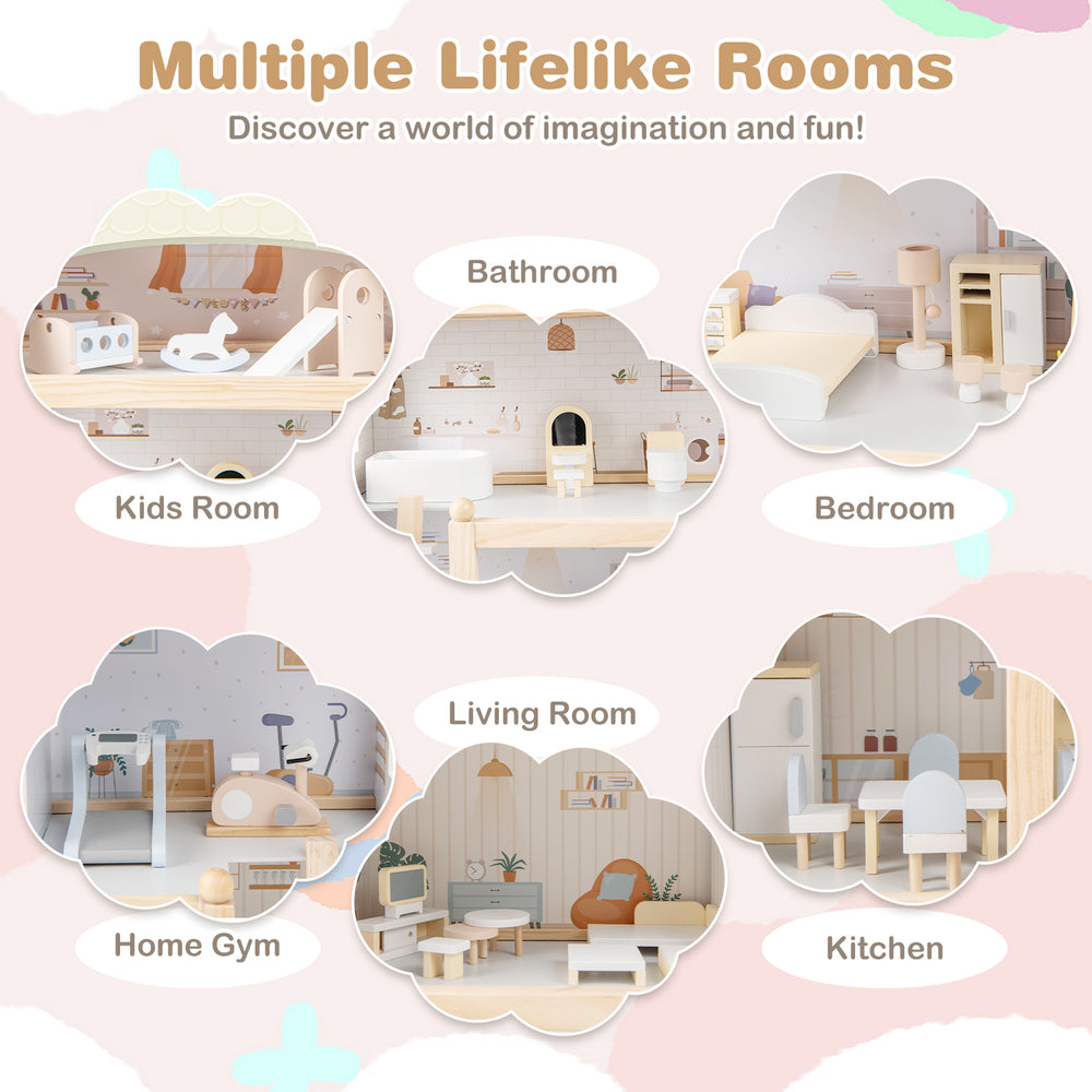 Wooden dollhouse with multiple rooms and 33 furniture pieces, promoting imaginative play for kids over 3 years old.