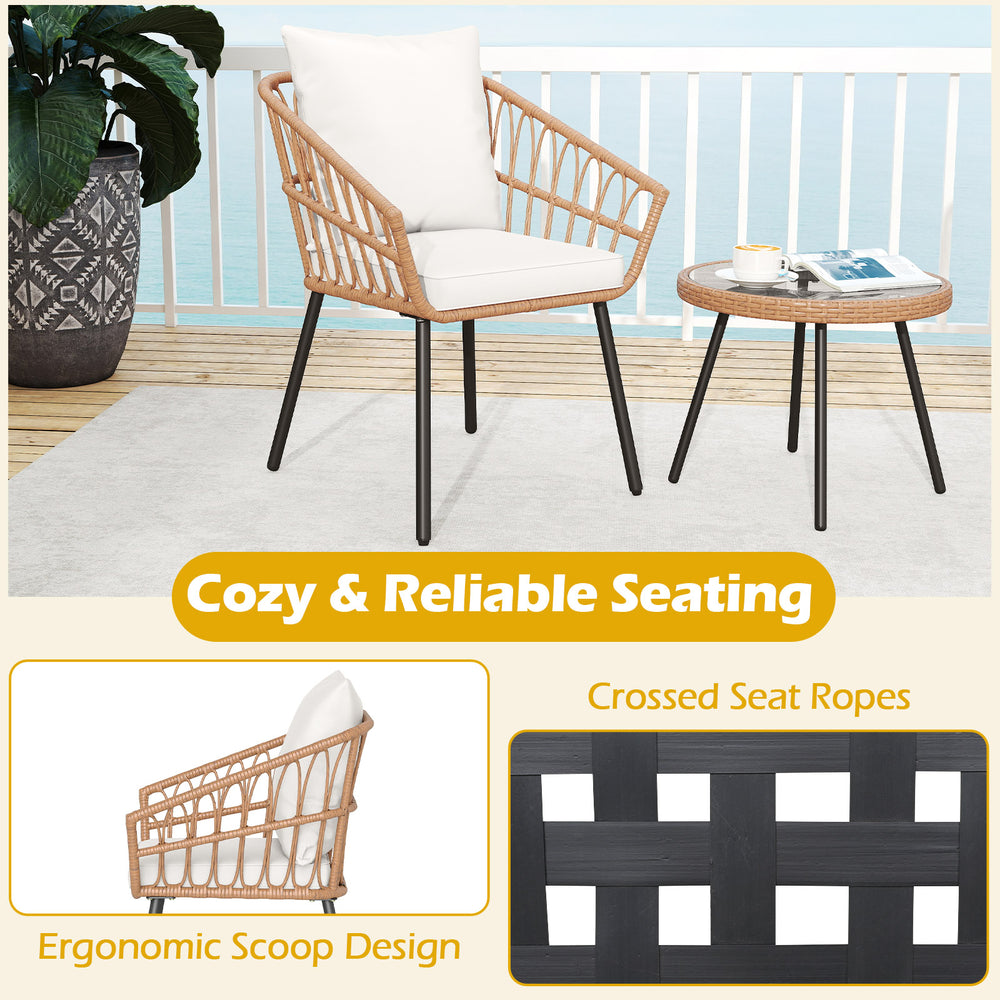 Patio bistro set featuring a hand-woven PE rattan chair with soft cushions and a tempered glass top table for outdoor.