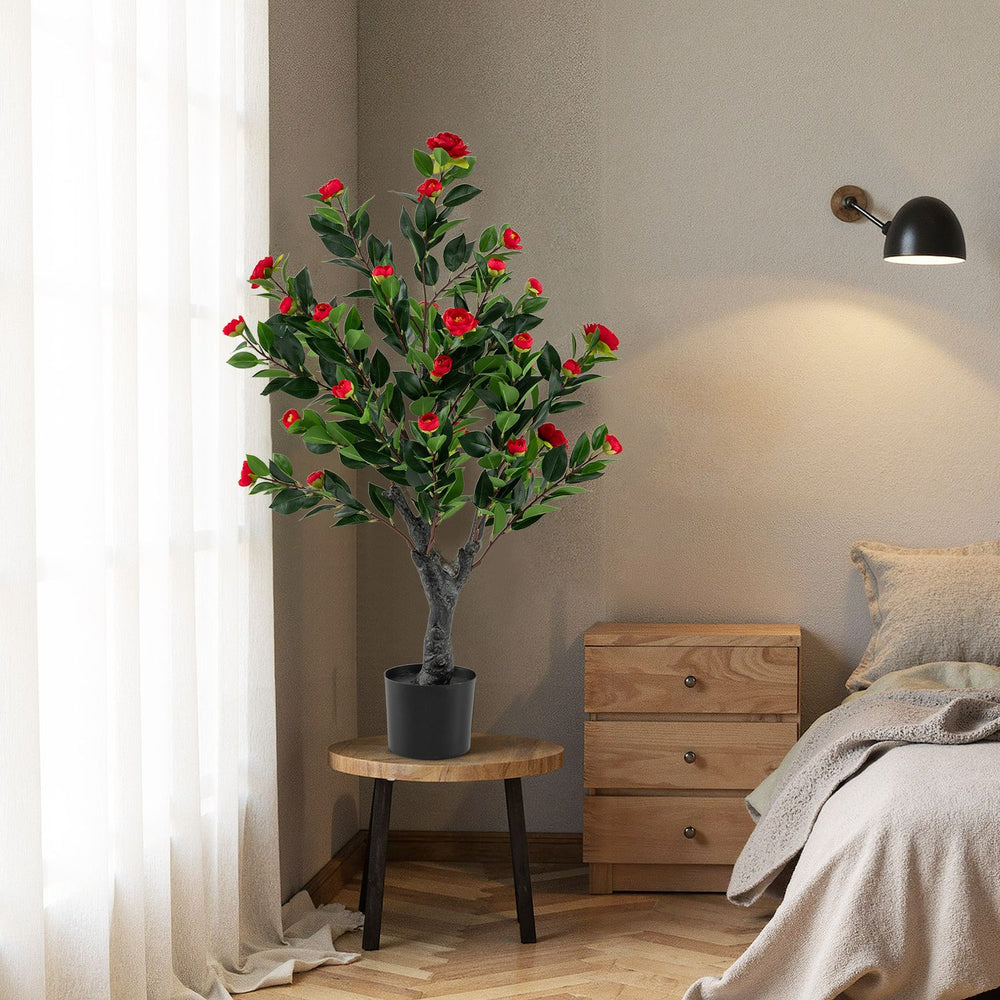 Artificial camellia tree with 36 red blossoms in a sturdy pot, perfect for adding elegance to living rooms or offices.