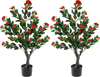Set of 2 artificial camellia trees with 36 red blossom fabric flowers, perfect for adding elegance to any space.