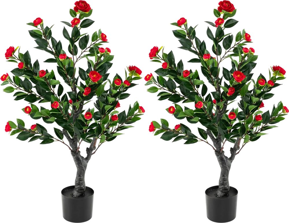 Set of 2 artificial camellia trees with 36 red blossom fabric flowers, perfect for adding elegance to any space.