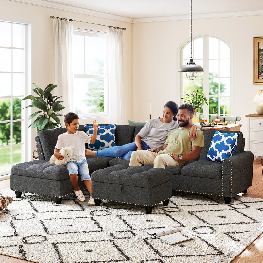 L-shaped sectional sofa with movable storage ottoman, spacious for 4, featuring linen fabric and comfy pillows for.