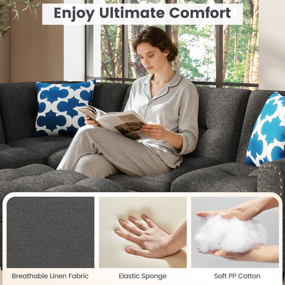 L-shaped 98-inch sectional sofa with breathable linen fabric, elastic sponge cushions, and movable storage ottoman for.