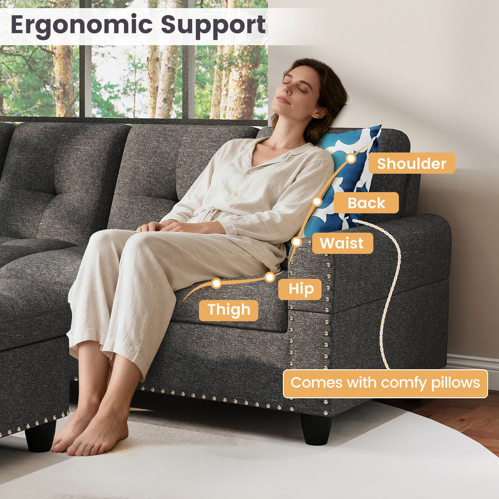 L-shaped 98-inch sectional sofa with ergonomic support, comfy pillows, and movable storage ottoman for versatile.