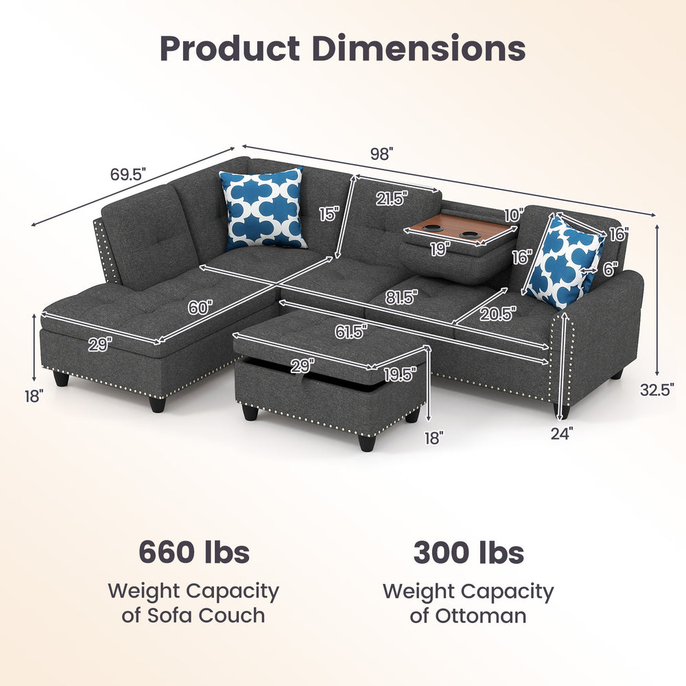 Dimensions of the 98-inch sectional sofa couch with movable storage ottoman, supporting 660 lbs, ideal for spacious.