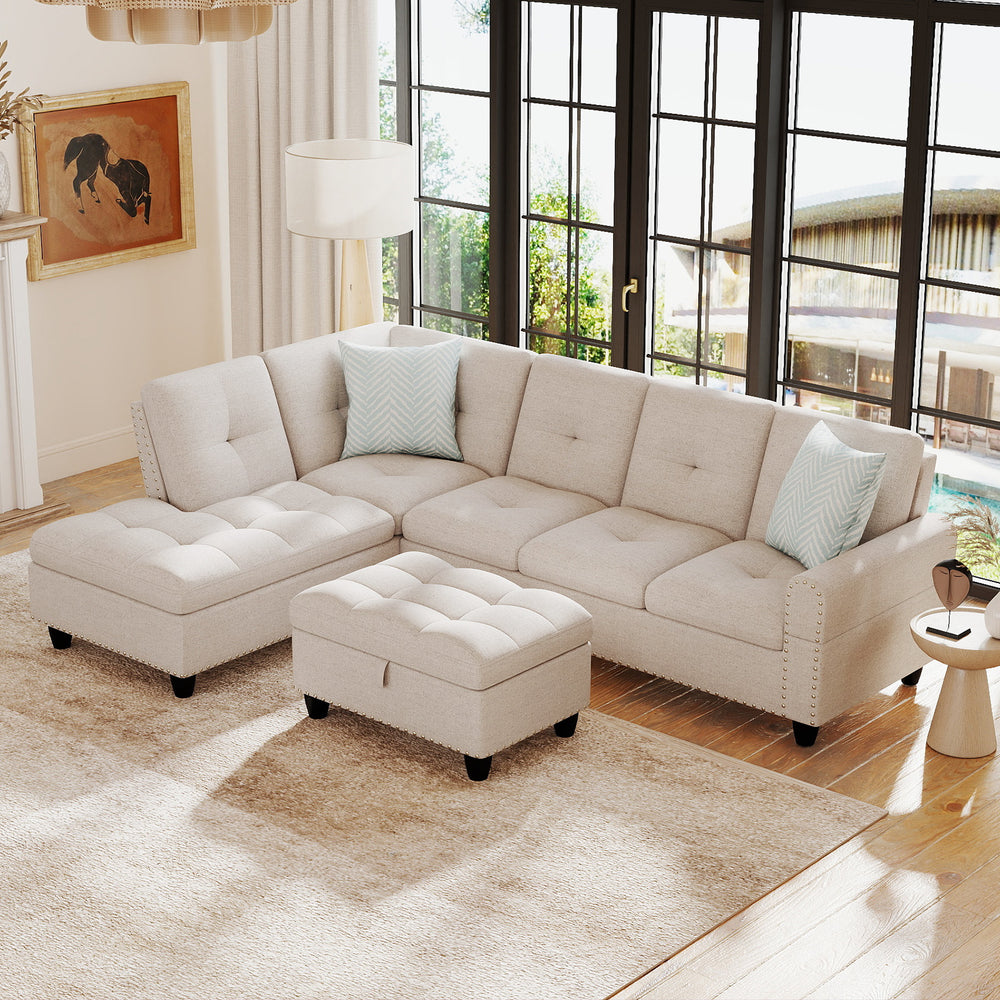 98 Inches Sectional Sofa Couch with Movable Storage Ottoman and Linen Fabric Backs-LR - Gallery View 1 of 11