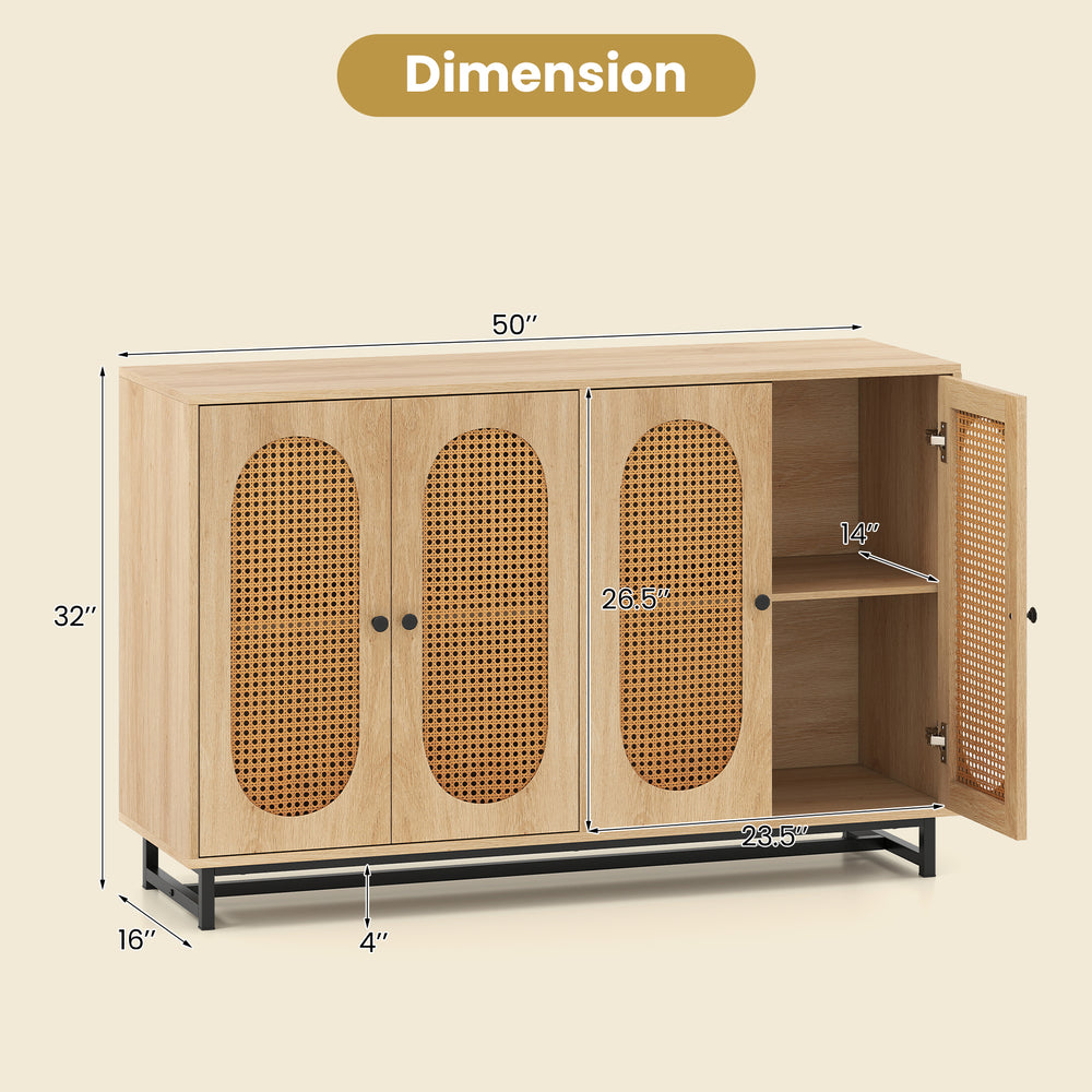 50-inch buffet sideboard cabinet with 4 rattan doors, adjustable shelves, and metal legs for versatile storage.