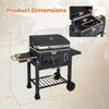 Dimensions of the 24-inch barrel charcoal grill with folding side tables, showcasing cooking area and features for.