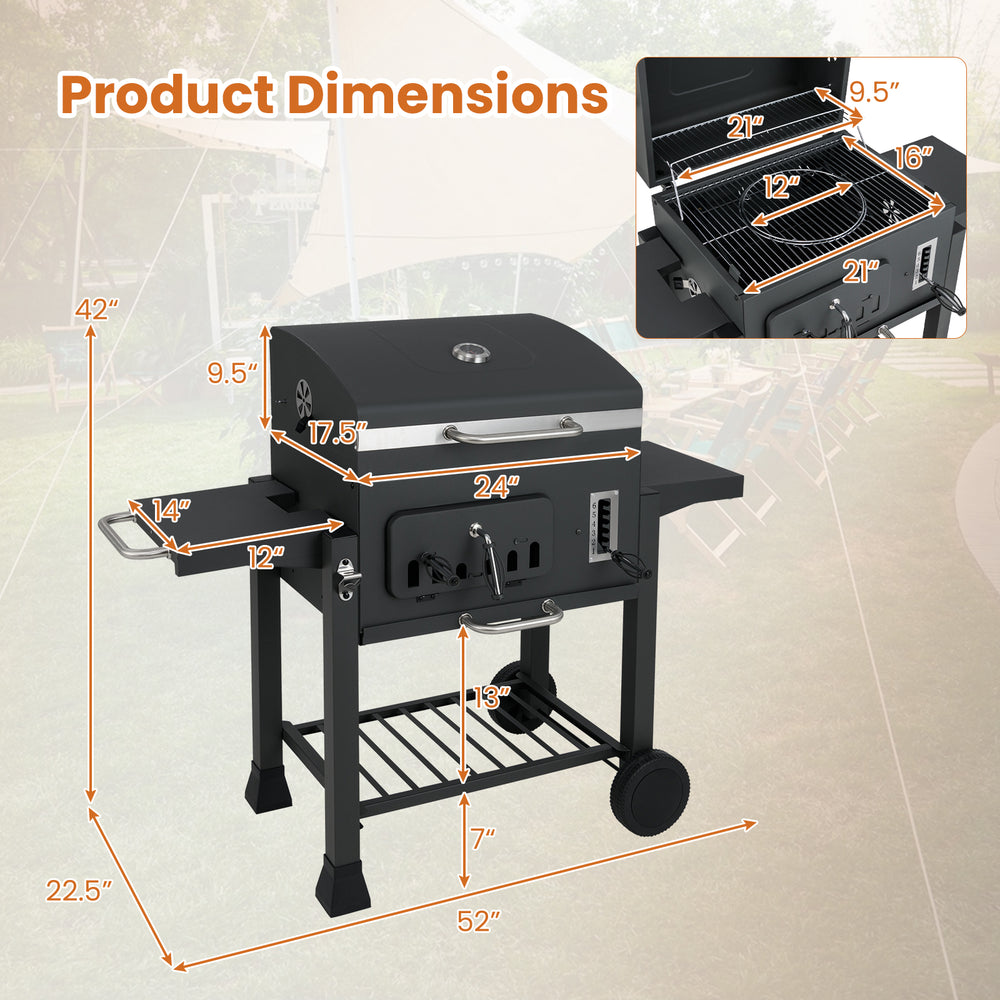 Dimensions of the 24-inch barrel charcoal grill with folding side tables, showcasing cooking area and features for.