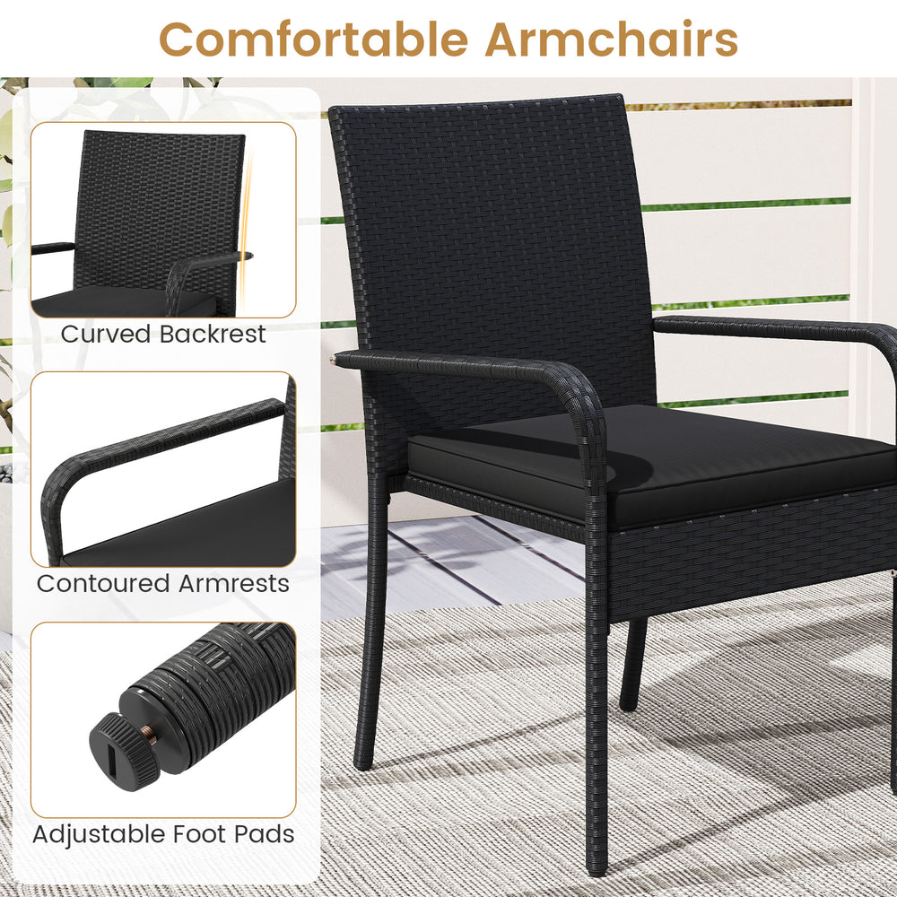 Black patio armchair featuring a curved backrest, contoured armrests, and adjustable foot pads for outdoor comfort.