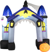 Halloween inflatable archway stands 9 ft tall with LED lights, featuring ghost and pumpkin details for festive outdoor decor.