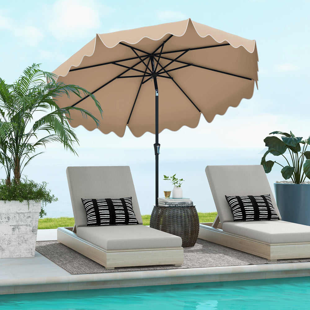Patio umbrella with crank handle and push button tilt, brown canopy, providing sun protection by the poolside.