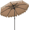 9-foot brown patio umbrella with crank handle, push button tilt, and elegant ruffled edges for outdoor shade.