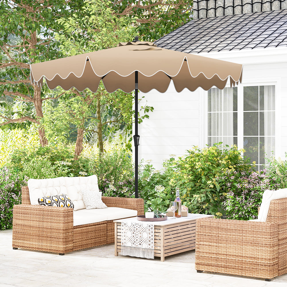 9-foot brown patio umbrella with crank handle and push button tilt, featuring elegant ruffled edges for outdoor.