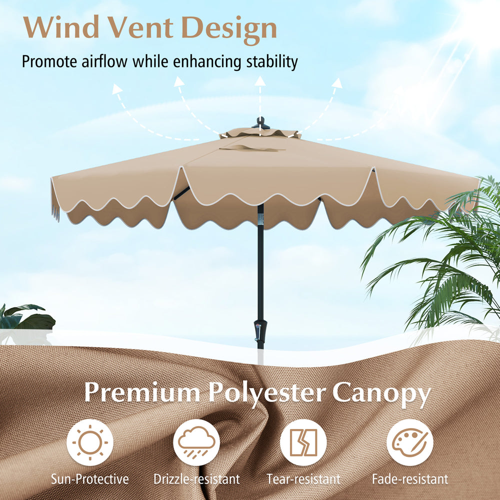 9 feet brown patio umbrella with crank handle, vented top, and ruffled edges, ideal for sun protection and stability.