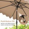 9 feet brown patio umbrella with crank handle and push button tilt, featuring a vented top for stability and sun.