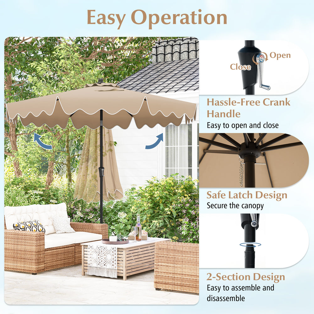 9-foot brown patio umbrella with crank handle, push button tilt, and vented top for easy operation and stability.