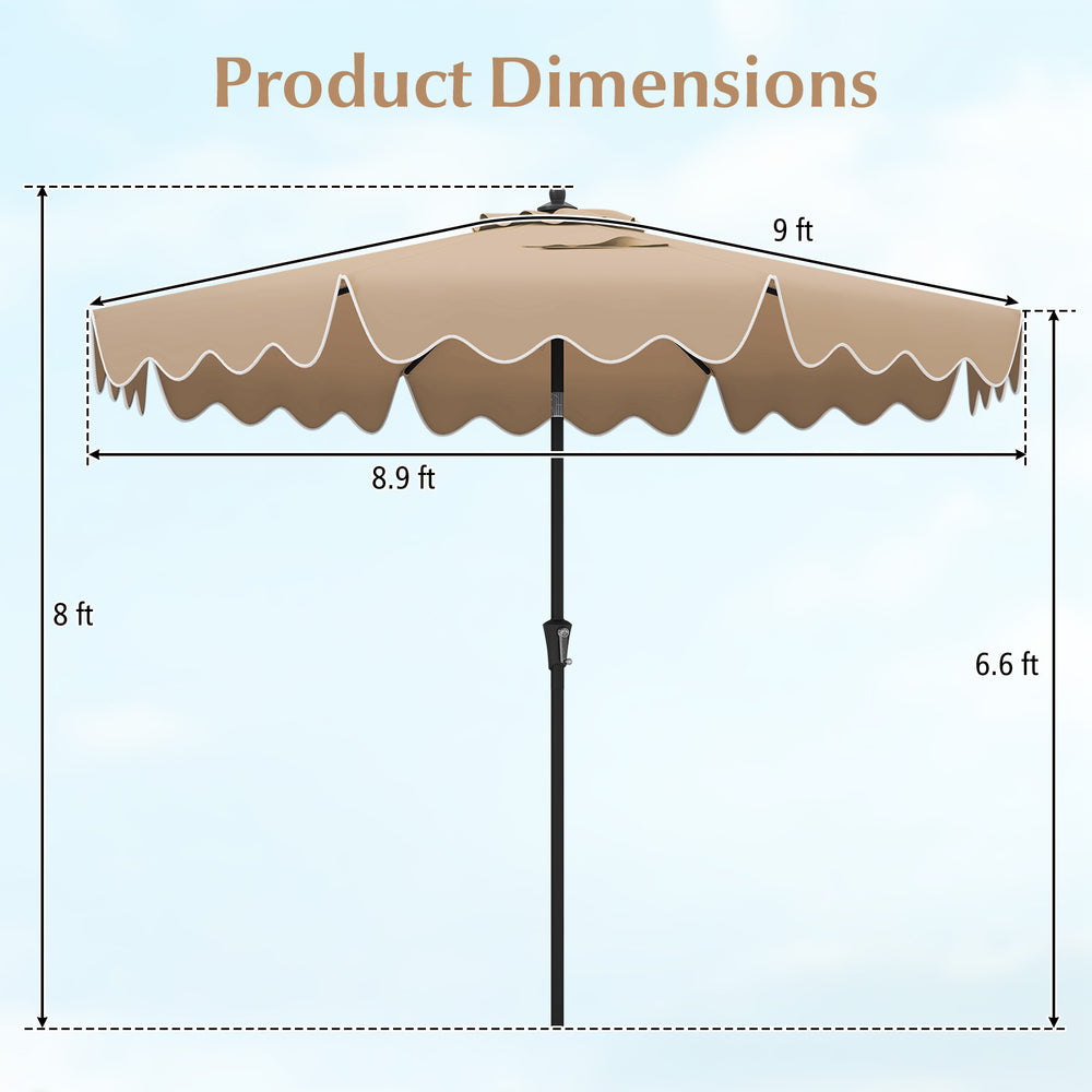 Dimensions of the 9 feet brown patio umbrella with crank handle and push button tilt for outdoor use.