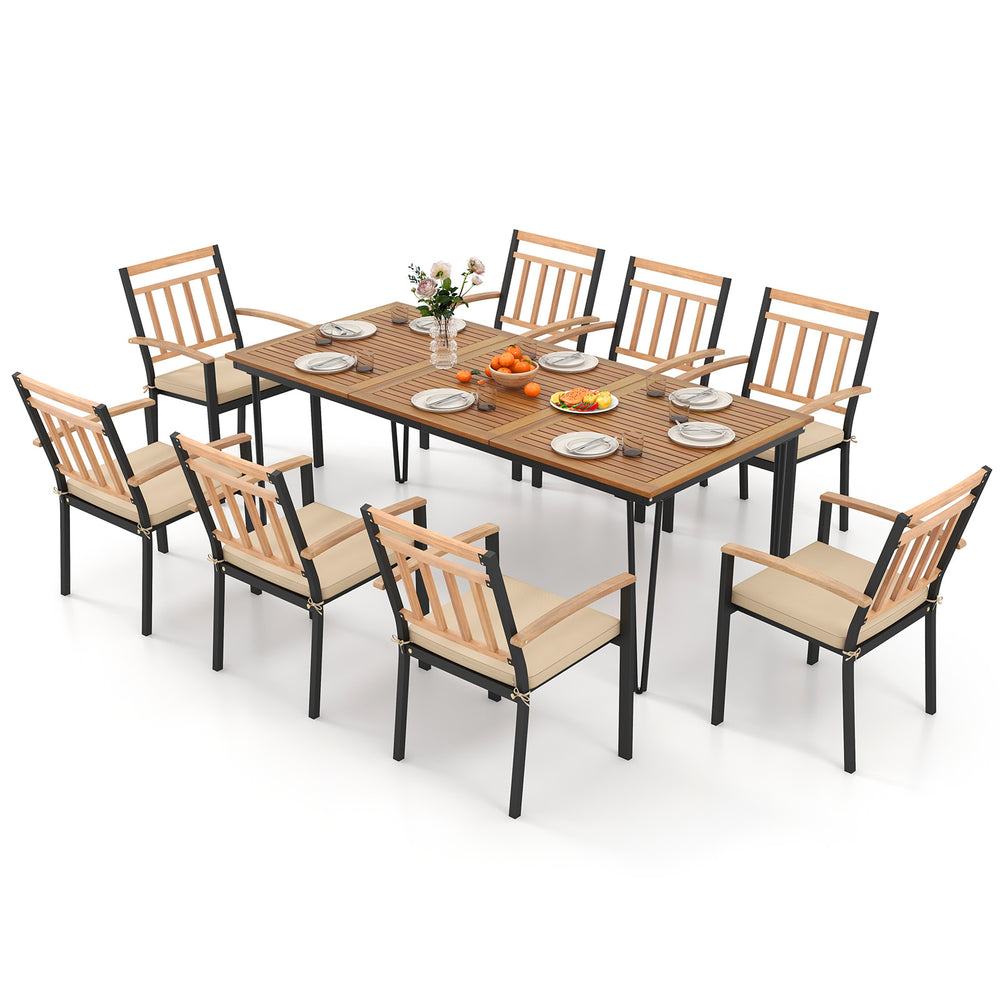 Ergonomically designed 24-inch wide chairs with padded cushions from the 9-piece patio dining set, perfect for outdoor.