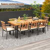 Space-saving patio dining set showcasing a 39.5-inch acacia wood table with six chairs tucked underneath, ideal for.