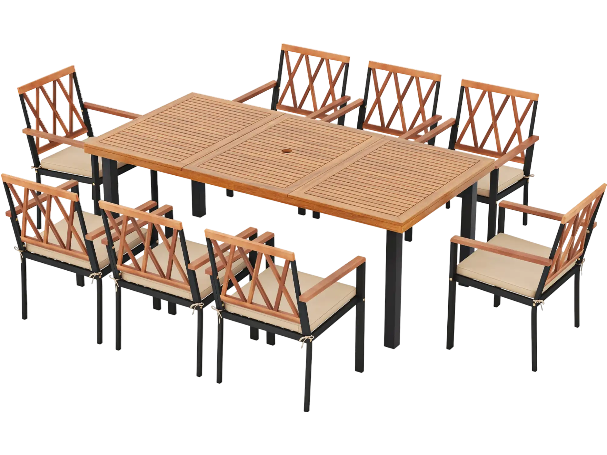 Costway 9-Piece Patio Dining Set Acacia Wood Table w/ Umbrella Hole Wide Chairs 51384697 New