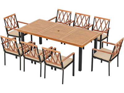 Costway 9-Piece Patio Dining Set Acacia Wood Table w/ Umbrella Hole Wide Chairs 51384697 New