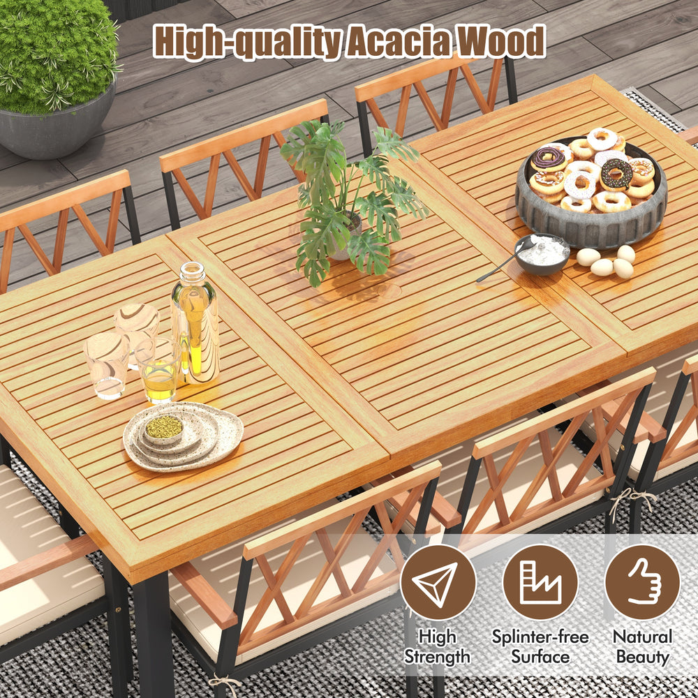 Patio dining set featuring a 39.5-inch acacia wood table with umbrella hole and six comfortable chairs for outdoor.