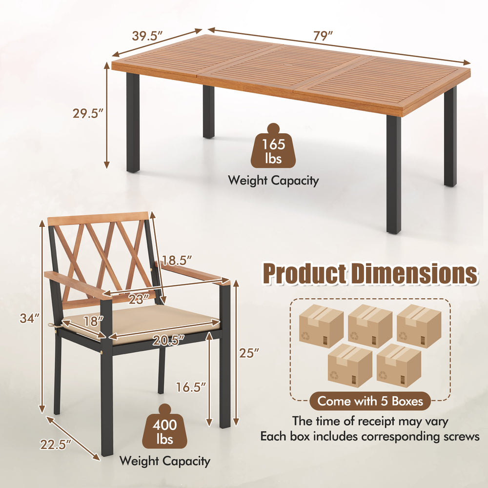 Acacia wood dining table with umbrella hole and 6 chairs, perfect for patio gatherings and outdoor dining.